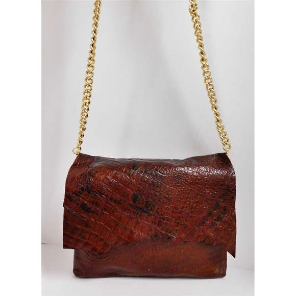 Zina Eva Handbags - Zina Eva Brown Alligator Leather Gold Chain Flap Crossbody Bag